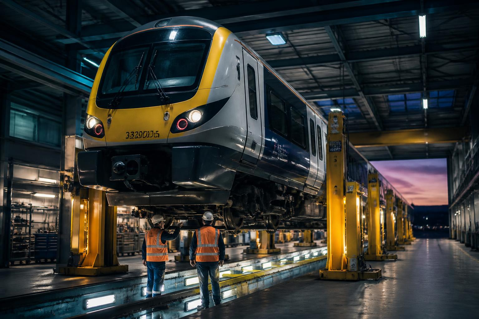 Rolling stock maintenance depot at dusk with engineers inspecting a passenger train